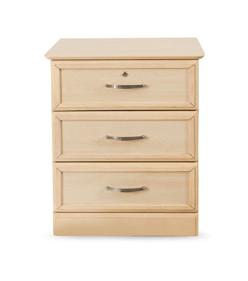 Hamilton Bedside Cabinet three-drawer in maple wood finish with locking top drawer and brushed metal handles