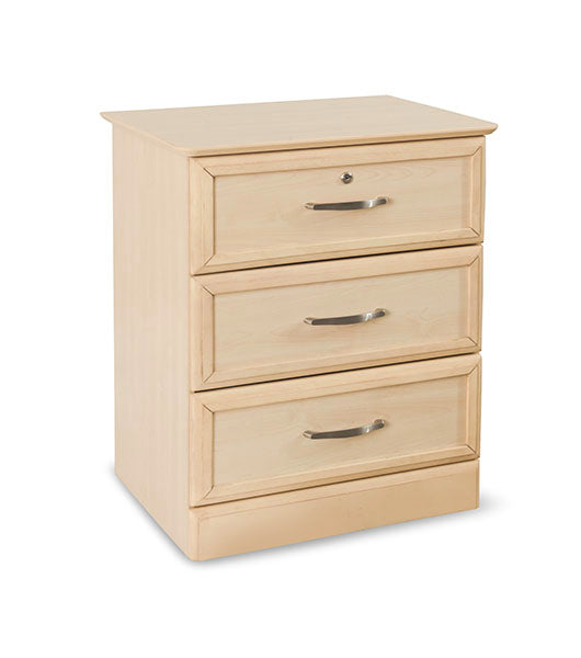Hamilton Bedside Cabinet three-drawer angled view in maple finish with locking top drawer and brushed metal handles