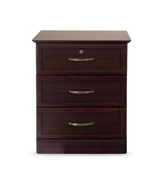 Hamilton Bedside Cabinet three-drawer in mahogany finish with locking top drawer and brushed metal handles