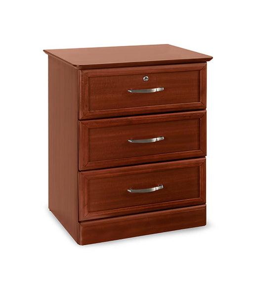 Hamilton Bedside Cabinet three-drawer angled view in cherry finish with locking top drawer and brushed metal handles