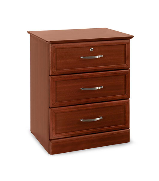 Hamilton Bedside Cabinet three-drawer angled view in cherry finish with locking top drawer and brushed metal handles