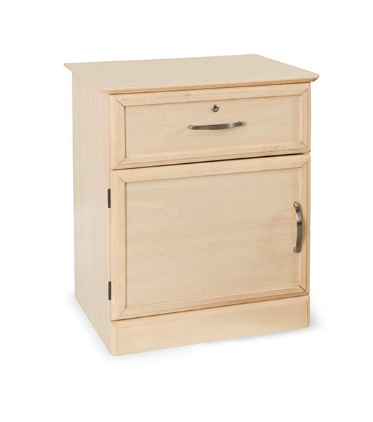 Nightstand Hamilton 1 Drawer & Door with Shelf in Maple finish with brushed metal handles, angled view facing right