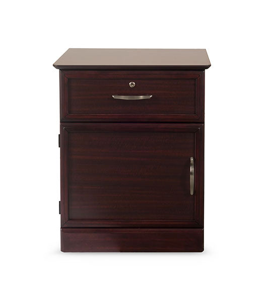 Nightstand Hamilton 1 Drawer & Door with Shelf in Mahogany finish with brushed metal handles, front-facing view
