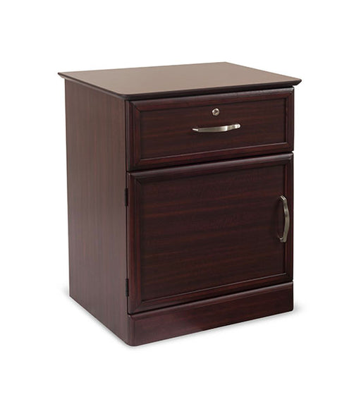 Nightstand Hamilton 1 Drawer & Door with Shelf in Mahogany finish with brushed metal handles, angled view facing right