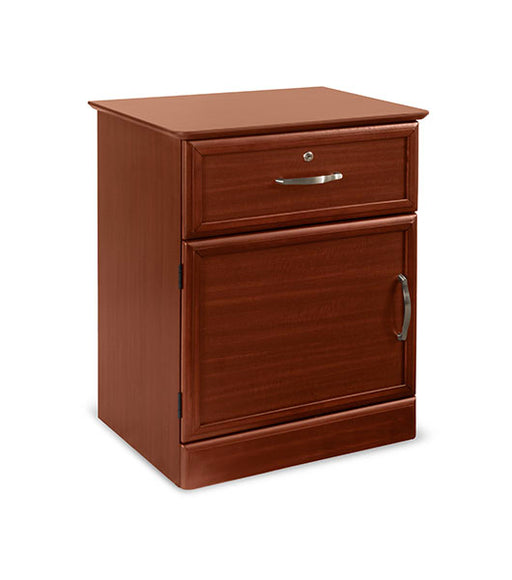 Nightstand Hamilton 1 Drawer & Door with Shelf in Cherry finish with brushed metal handles, angled view facing right 