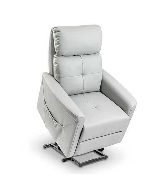 Power lift recliner in lift position, raised to assist user mobility, displaying gray color variant