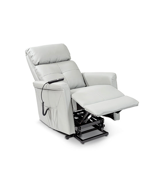 Power lift recliner (gray variant) in reclined position with footrest up and lift mechanism visible beneath