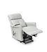 Power lift recliner (gray variant) in reclined position with footrest up and lift mechanism visible beneath