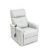 Power lift recliner in upright position with remote control visible, featuring gray upholstery and side storage pocket