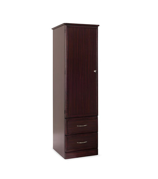 Wardrobe for Assisted Living Furniture 1-Door 2-Drawer in Mahogany finish, angled view