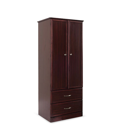 Wardrobe for Assisted Living Furniture 2-Door 2-Drawer in Mahogany finish, angled view