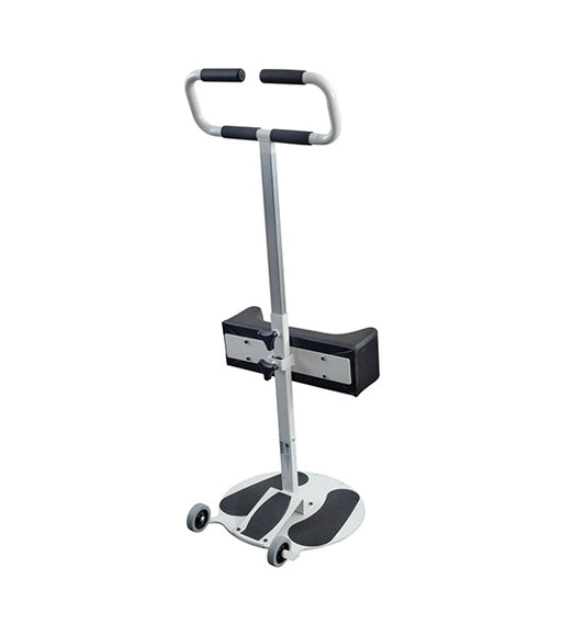 The Assist & Turn Sit to Stand Transfer Aid features a padded handlebar, knee support, and wheeled foot platform to help individuals with mobility perform safe transfers.