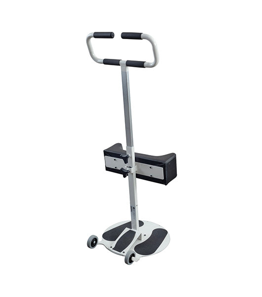 The Assist & Turn Sit to Stand Transfer Aid features a padded handlebar, knee support, and wheeled foot platform to help individuals with mobility perform safe transfers.
