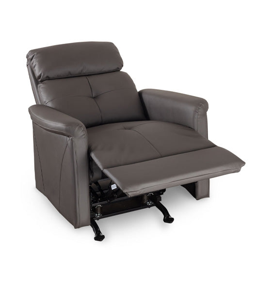 Recliner in reclined position with extended footrest, showing the chair's steel gray upholstery and reclining mechanism
