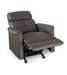 Recliner in reclined position with extended footrest, showing the chair's steel gray upholstery and reclining mechanism