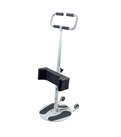 The Assist & Turn Sit to Stand Transfer Aid features a U-shaped handlebar, padded knee support, round base with grip pads, and two small wheels to help users stand and transfer safely.