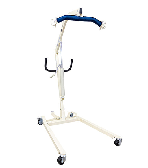 The Free Spirit Deluxe Hydraulic Manual Lift FS450-H is a white manual lift with a padded blue bar, reinforced steel frame, handles, and four wheels to assist with lifting and transferring individuals with limited mobility.