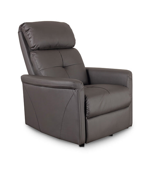 Recliner in upright position, featuring padded headrest, armrests, and steel gray upholstery