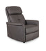 Recliner in upright position, featuring padded headrest, armrests, and steel gray upholstery