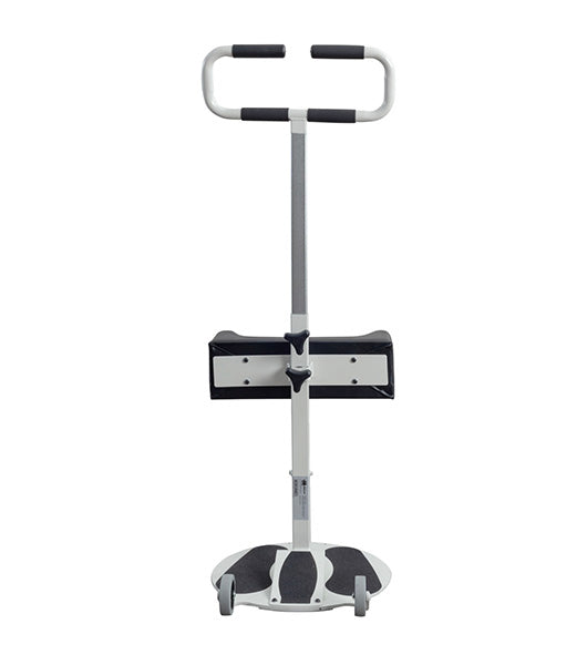 The Assist & Turn Sit to Stand Transfer Aid is an adjustable white transfer device with black accents, featuring a handlebar, knee support, and wheeled platform to help individuals stand and move safely.