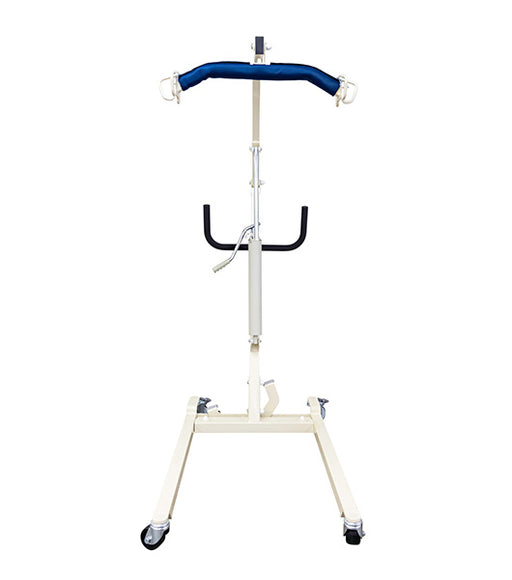 The Free Spirit Deluxe Hydraulic Manual Lift FS450-H features a padded blue horizontal bar, reinforced steel frame, and four caster wheels, designed to assist with safe lifting and transfer of individuals with limited mobility.