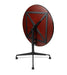 Tilt top dining table in tilted vertical position showing Biltmore Cherry wood grain top with black metal folding base and casters