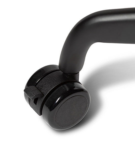 Black swivel caster wheel with locking mechanism for dining table legs, close-up detail view against white background