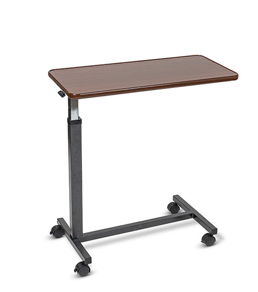 Overbed table with Cherry top and black steel H-base, angled view against a plain white background