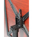 Tilting table support mechanism with black metal bracket and connecting hardware attached to wooden tabletop surface