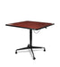 Square tilt top dining table featuring Mahogany wood grain surface with black metal base and four wheel casters