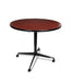 Round tilt top dining table with Mahogany wood grain top and black metal base with four wheel casters