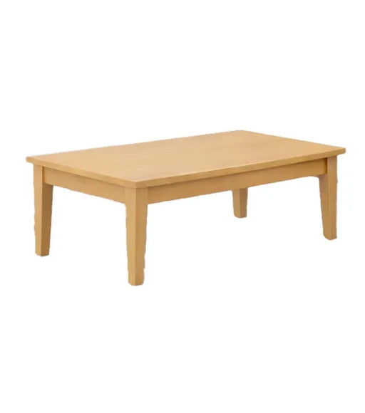 A light natural wood rectangular coffee table with four legs, shown from a three-quarters angle on a plain white background.