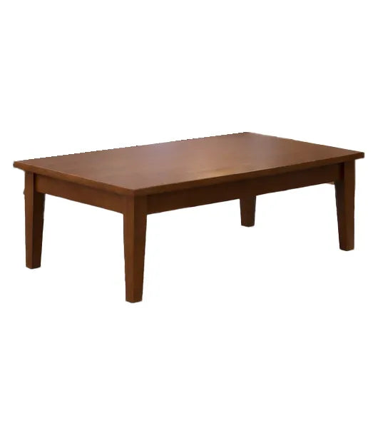 A rectangular wooden coffee table with a warm medium-brown finish, shown from a three-quarters perspective against a plain white background.