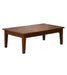 A rectangular wooden coffee table with a warm medium-brown finish, shown from a three-quarters perspective against a plain white background.