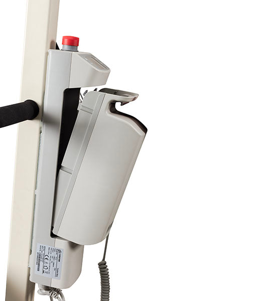 Close-up of the Free Spirit Bariatric Patient Lift FS660-T with a silver emergency stop button, gray corded handheld controller, sturdy vertical metal frame, and a 660 lb capacity power base.