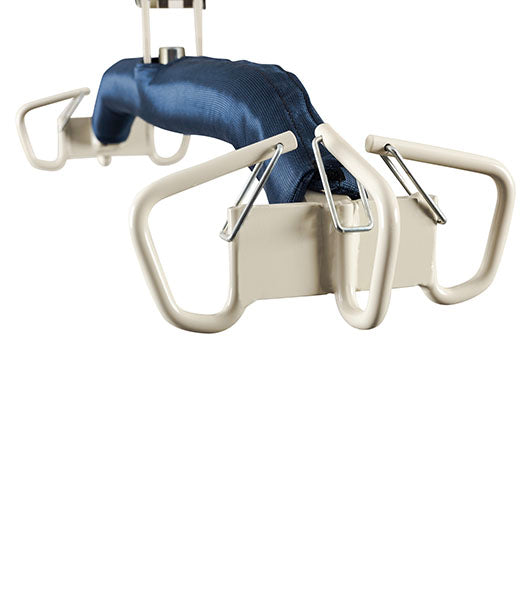 Close-up of the Free Spirit Bariatric Patient Lift FS660-T spreader bar with a blue sling, four white handles, and metal clips. Features a power base and supports up to 660 lbs for safe patient transfers.