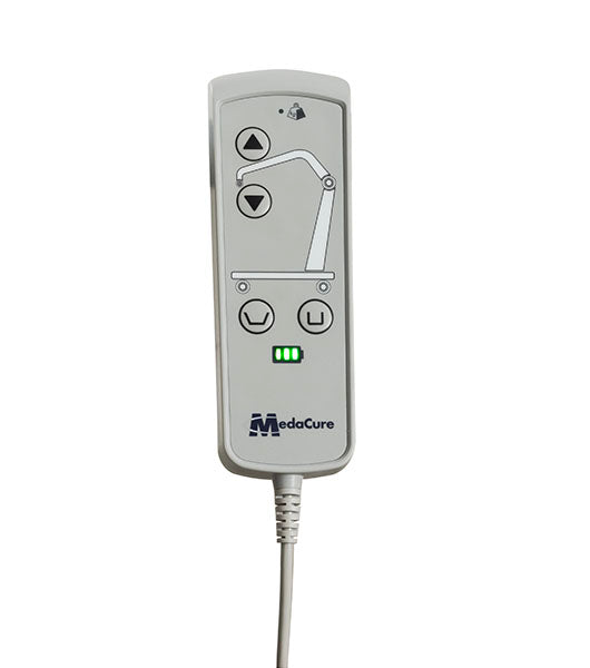 The Free Spirit Bariatric Patient Lift FS660-T includes a hand-held remote with up/down arrows, bed position symbols, indicator lights, and the MedaCure logo. Compatible with power base beds and supports up to 660 lb capacity.
