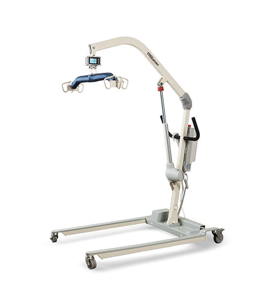 The Free Spirit Bariatric Patient Lift FS660-T features a U-shaped power base, swivel casters, overhead arm with sling bar, and digital display, designed to safely transfer individuals with limited mobility up to 660 lbs.