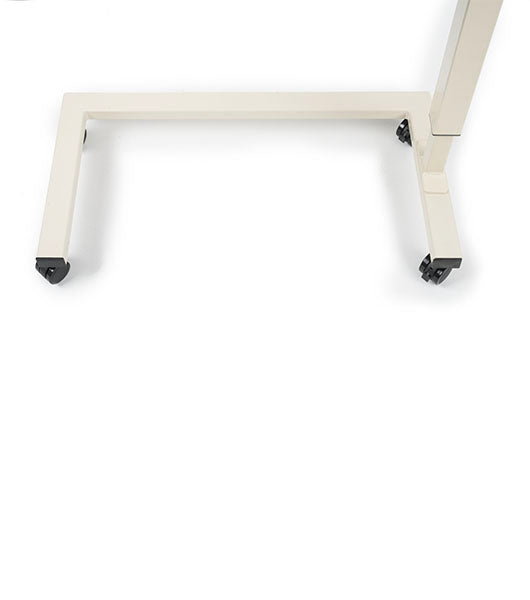 White overbed table base with black caster wheels, showing U-frame support structure against white background