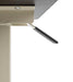 Side view of black height adjustment lever extending from white table base mechanism