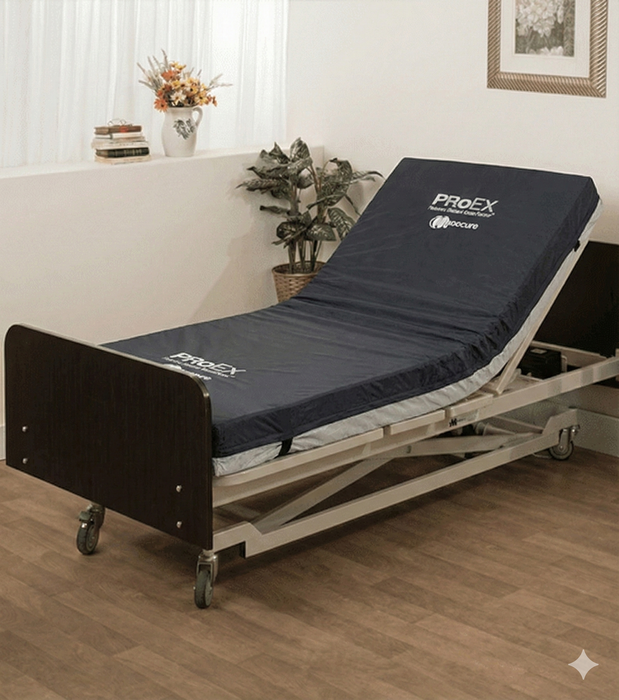 Medacure Proex Extra Long Pressure Redistribution Foam Mattress with anti-microbial cover installed on a hospital bed