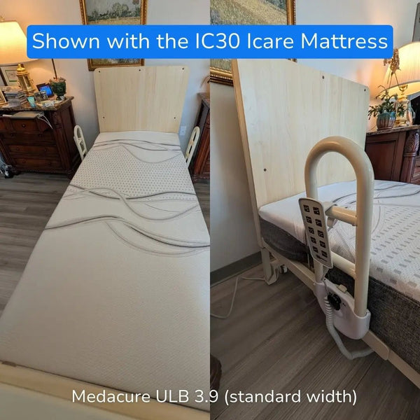 Medacure ULB 3.9 ultra-low electric hospital bed with side rails and IC30 mattress installed in home care setting