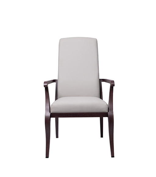 Resident arm chair for assisted living furniture - direct front view displaying light gray fabric seat and backrest with wooden armrests and frame