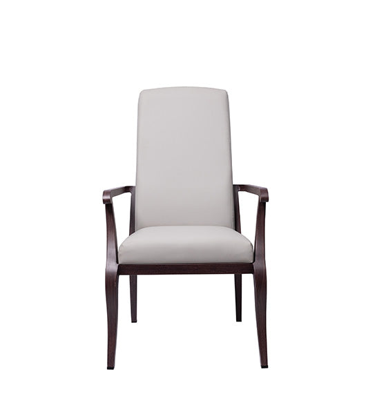 Resident arm chair for assisted living furniture - direct front view displaying light gray fabric seat and backrest with wooden armrests and frame