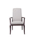 Resident arm chair for assisted living furniture - direct front view displaying light gray fabric seat and backrest with wooden armrests and frame