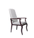 Resident arm chair for assisted living furniture - side angle showcasing light gray upholstery and wooden armrests