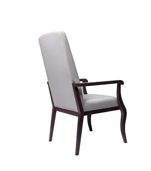 Resident arm chair for assisted living furniture - three-quarter angled view featuring light gray upholstery, high backrest, and wooden frame