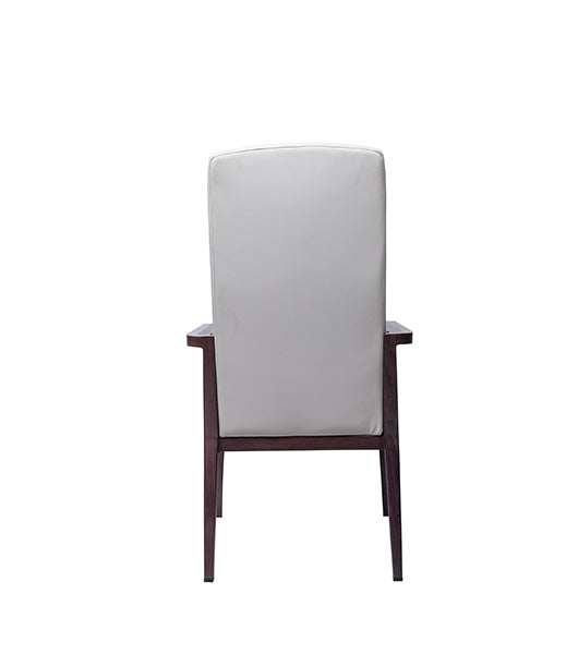 Resident arm chair for assisted living furniture - rear view showing light gray upholstery and wooden frame