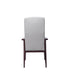 Resident arm chair for assisted living furniture - rear view showing light gray upholstery and wooden frame