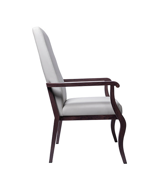 Resident arm chair for assisted living furniture - side profile with light gray fabric upholstery, wooden armrests and frame
